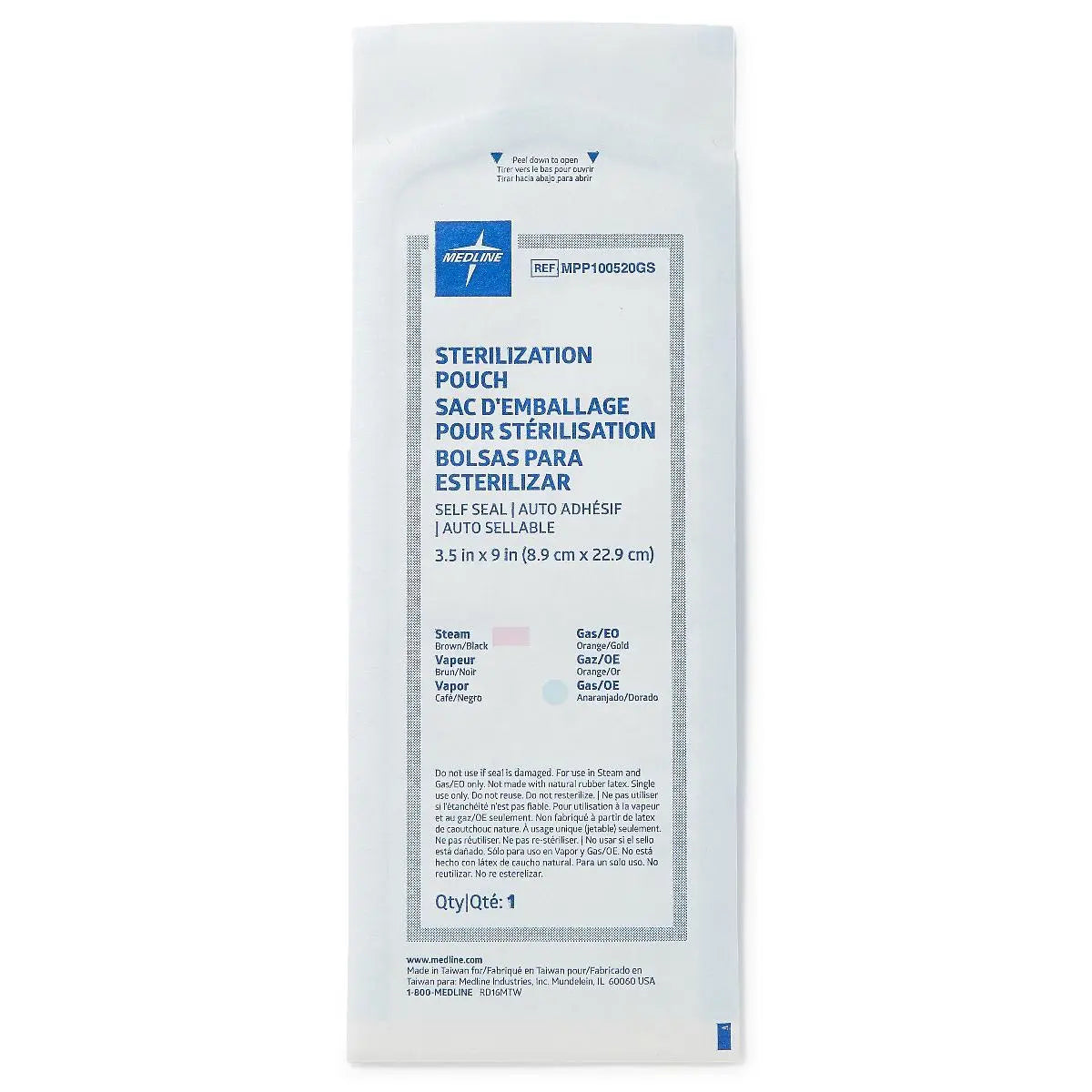 MDL MPP100525GS BX/200 SELF-SEAL STERILIZATION POUCH 5 1/4 x 10" FOR STEAM AND GAS ONLY COLOR CHANGE INDICATOR PREFOLDED